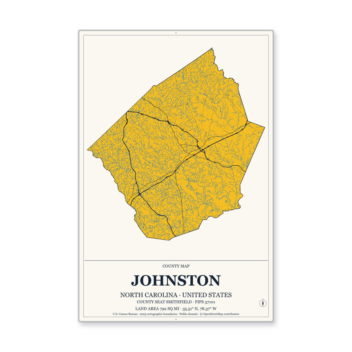 Johnston County, North Carolina Map Aluminum Sign in Citrine Modern style