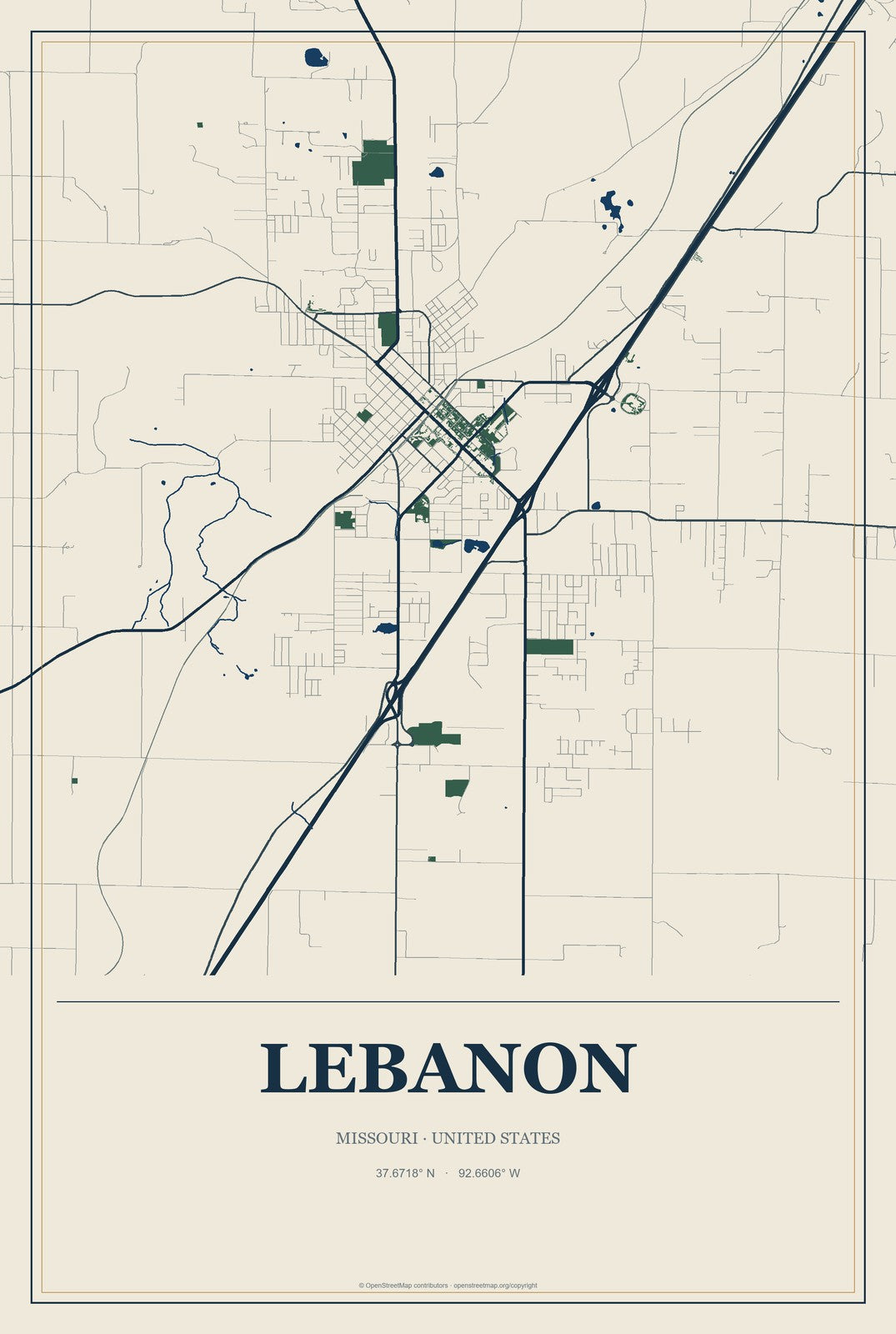 Lebanon, Missouri City Map Aluminum Sign in Coastal Cutout style