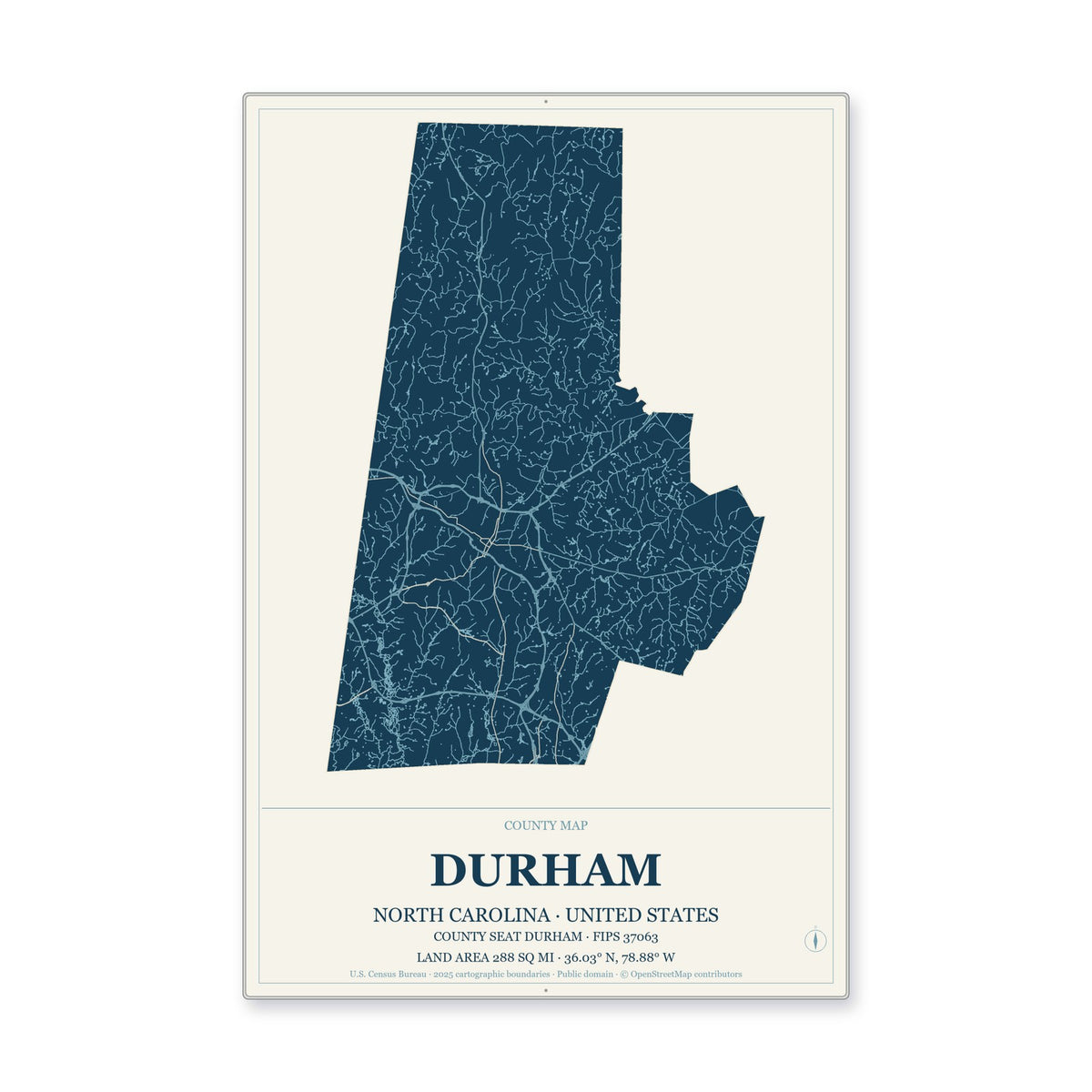 Durham County, North Carolina Map Aluminum Sign in Coastal Cutout style