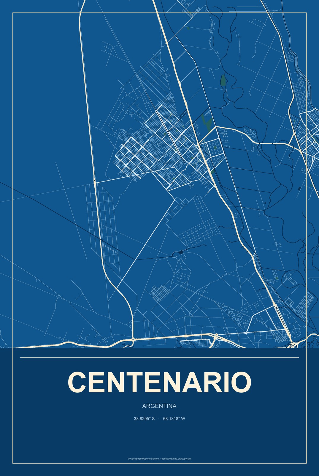 Centenario, Argentina City Map Aluminum Sign in Harbor Cobalt style