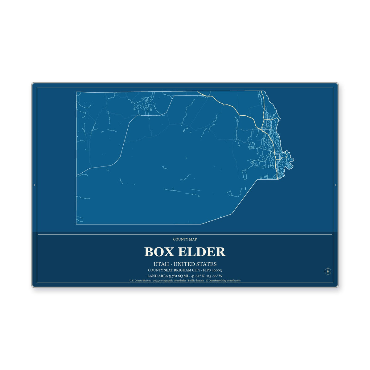 Box Elder County, Utah Map Aluminum Sign in Harbor Cobalt style