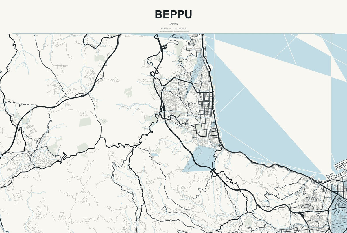 Beppu, Japan City Map Aluminum Sign in Headline Atlas style