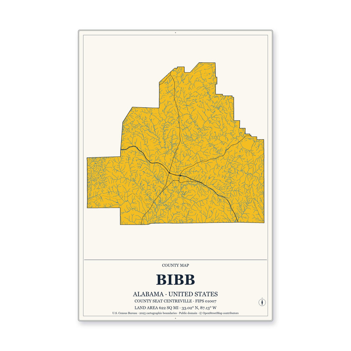 Bibb County, Alabama Map Aluminum Sign in Citrine Modern style