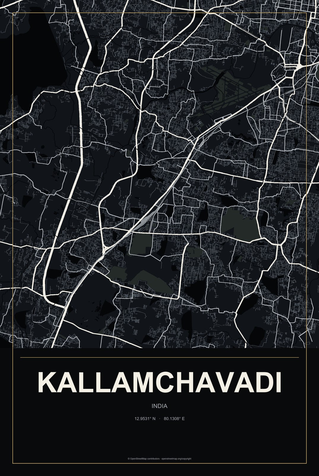 Kallamchavadi, India City Map Aluminum Sign in Metropolitan Noir style