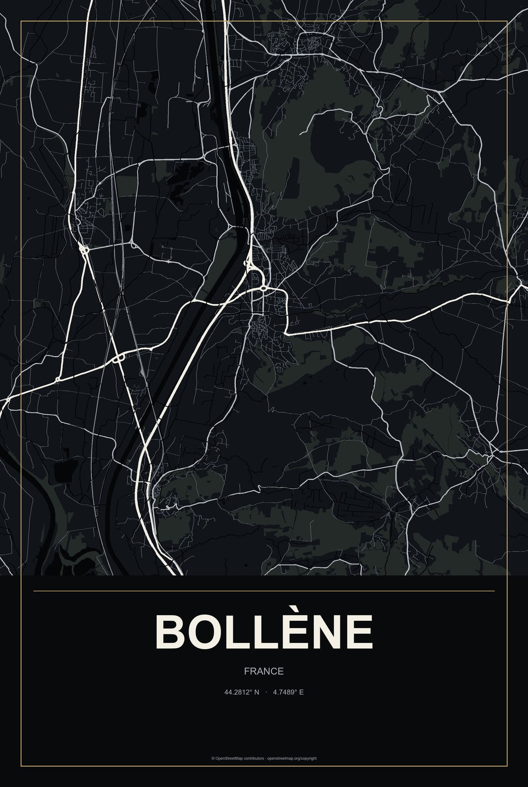 Bollène, France City Map Aluminum Sign in Metropolitan Noir style