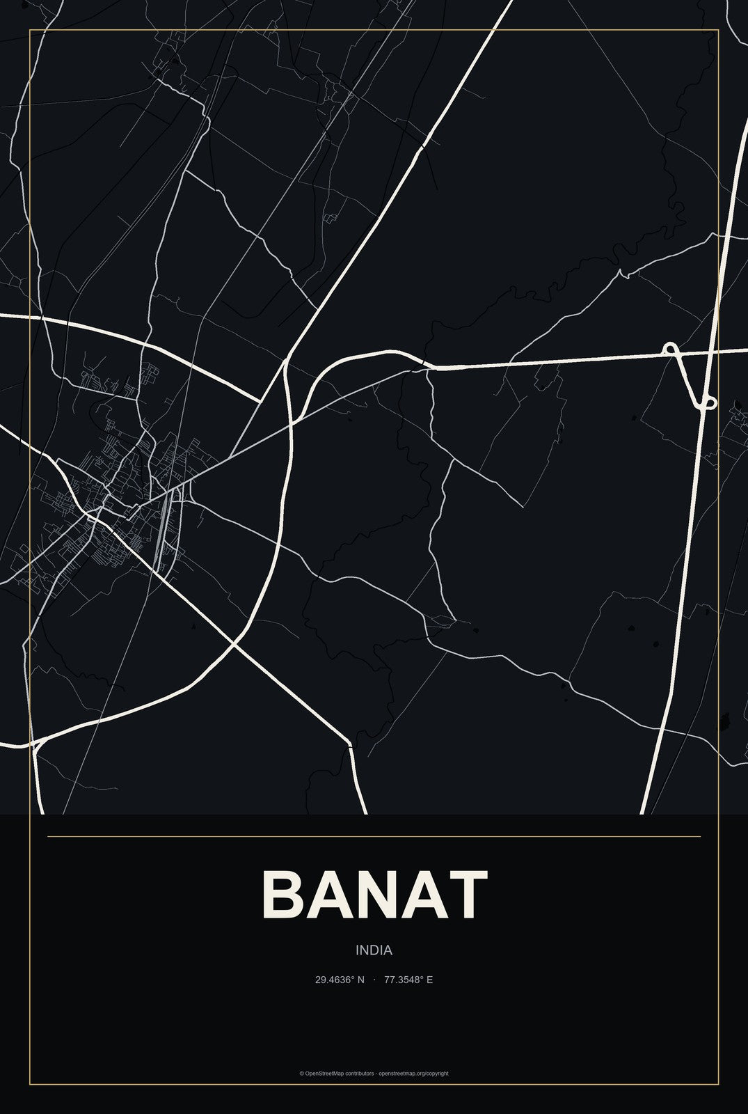 Banat, India City Map Aluminum Sign in Metropolitan Noir style