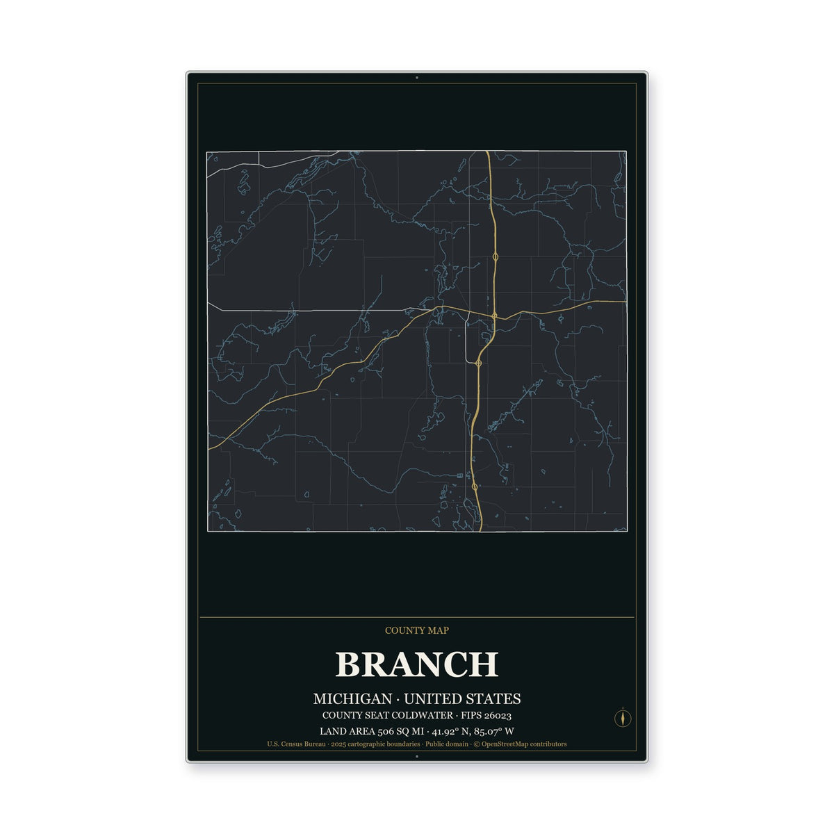 Branch County, Michigan Map Aluminum Sign in Metropolitan Noir style