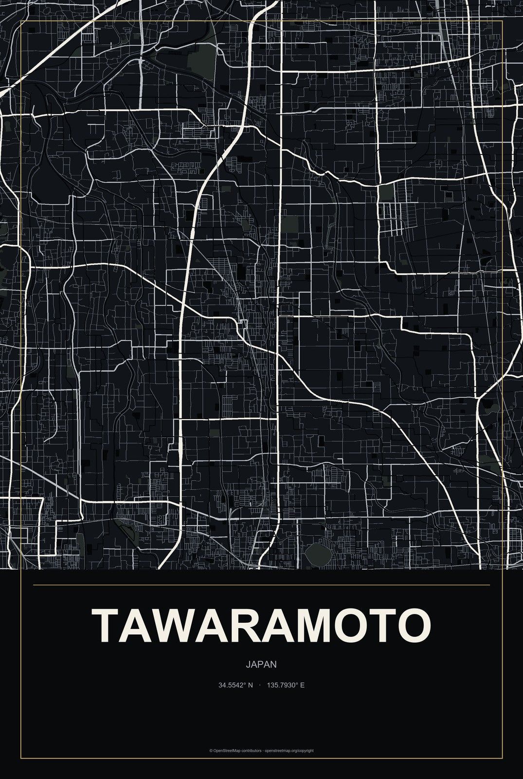 Tawaramoto, Japan City Map Aluminum Sign in Metropolitan Noir style