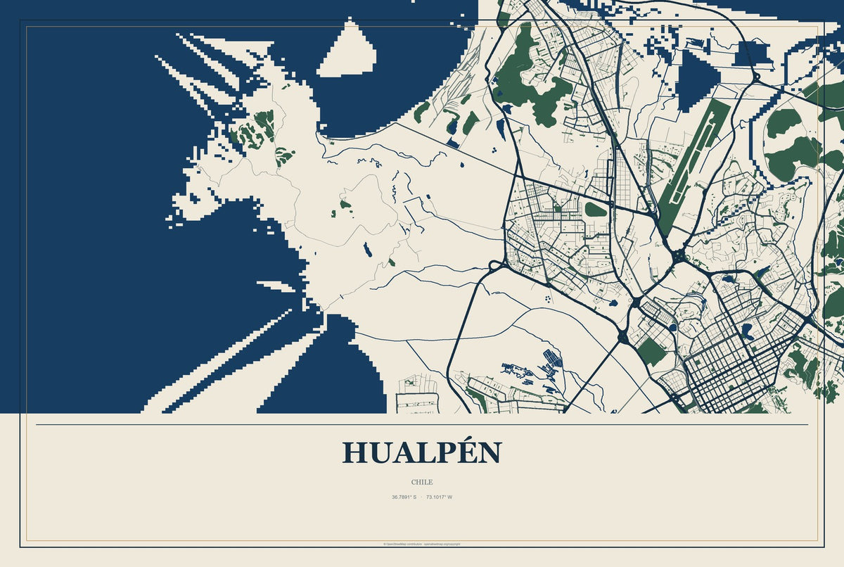 Hualpén, Chile City Map Aluminum Sign in Coastal Cutout style