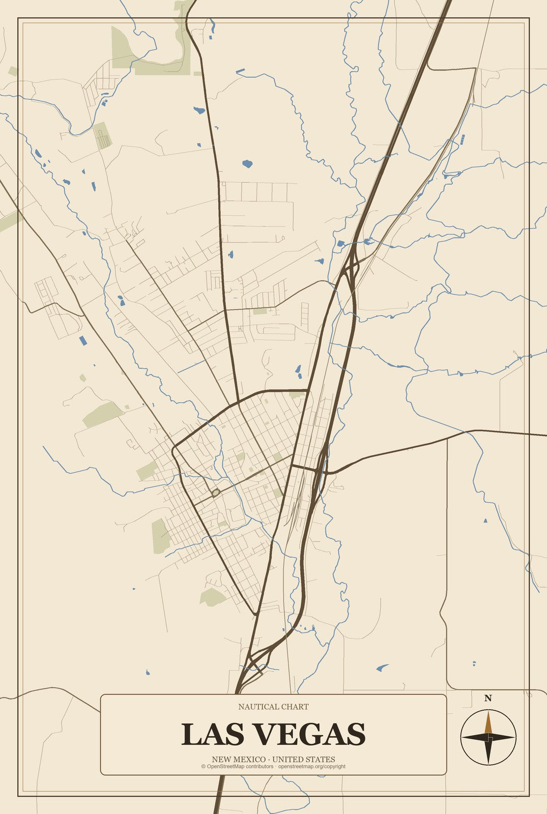 Las Vegas, New Mexico City Map Aluminum Sign in Heritage Nautical style