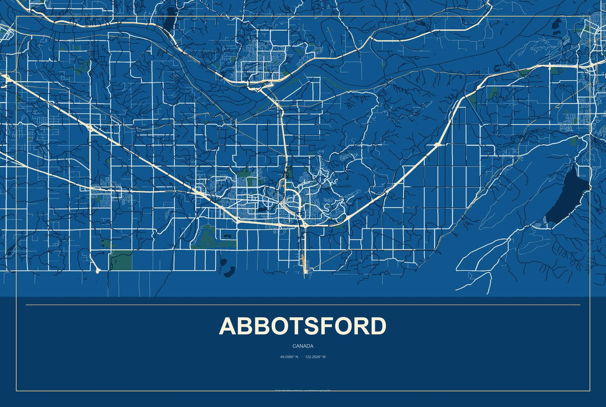 Abbotsford, Canada City Map Aluminum Sign in Harbor Cobalt style