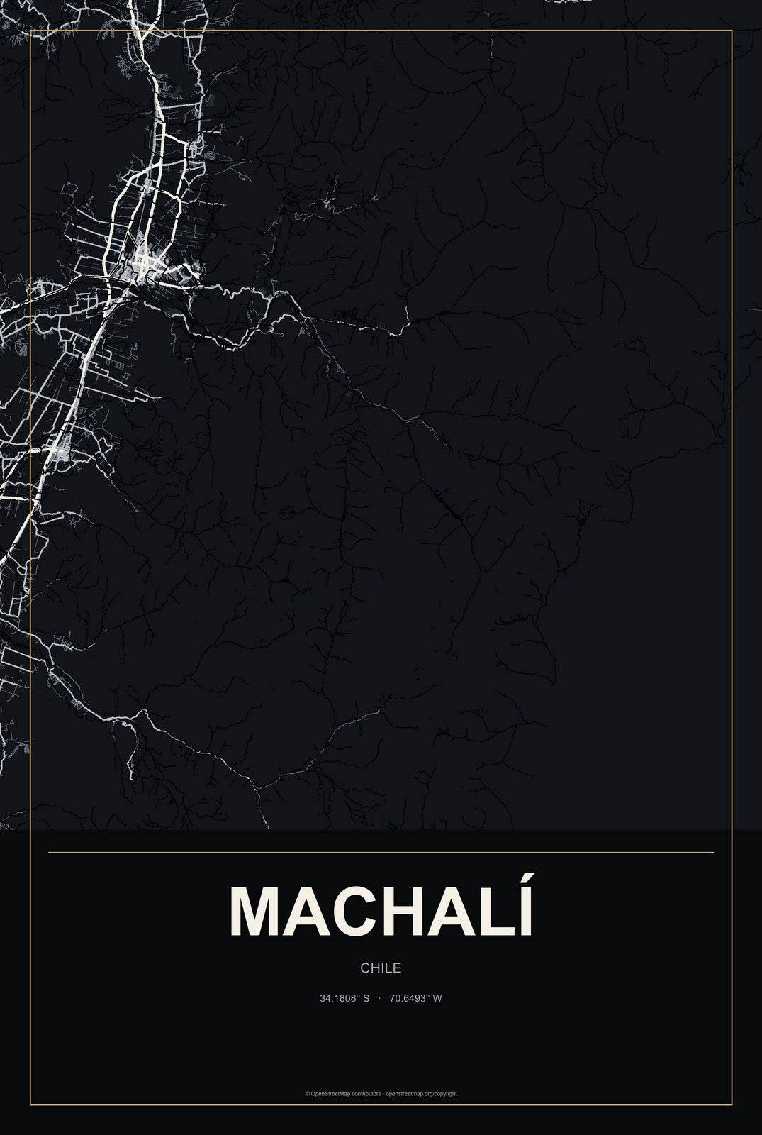 Machalí, Chile City Map Aluminum Sign in Metropolitan Noir style