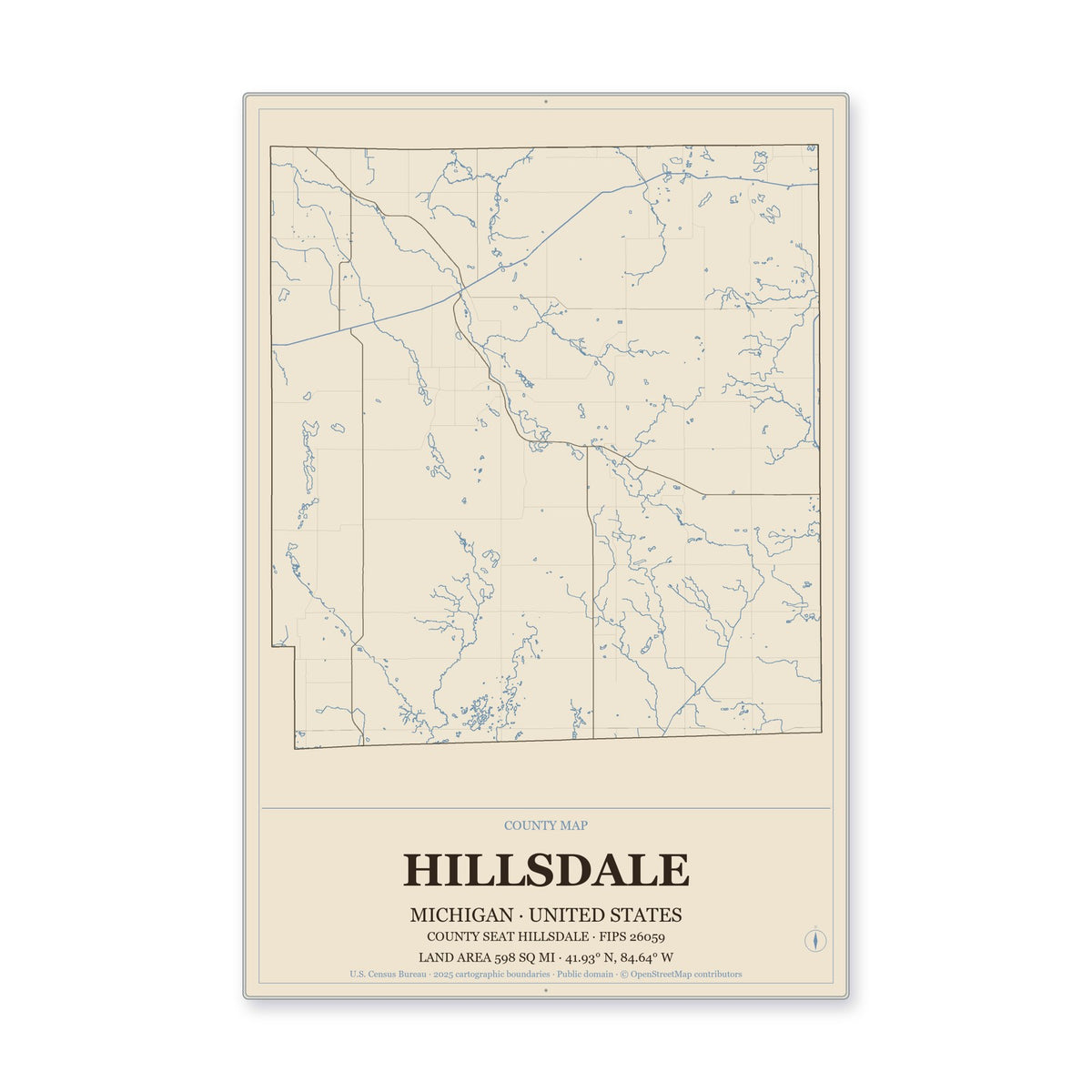 Hillsdale County, Michigan Map Aluminum Sign in Heritage Nautical style