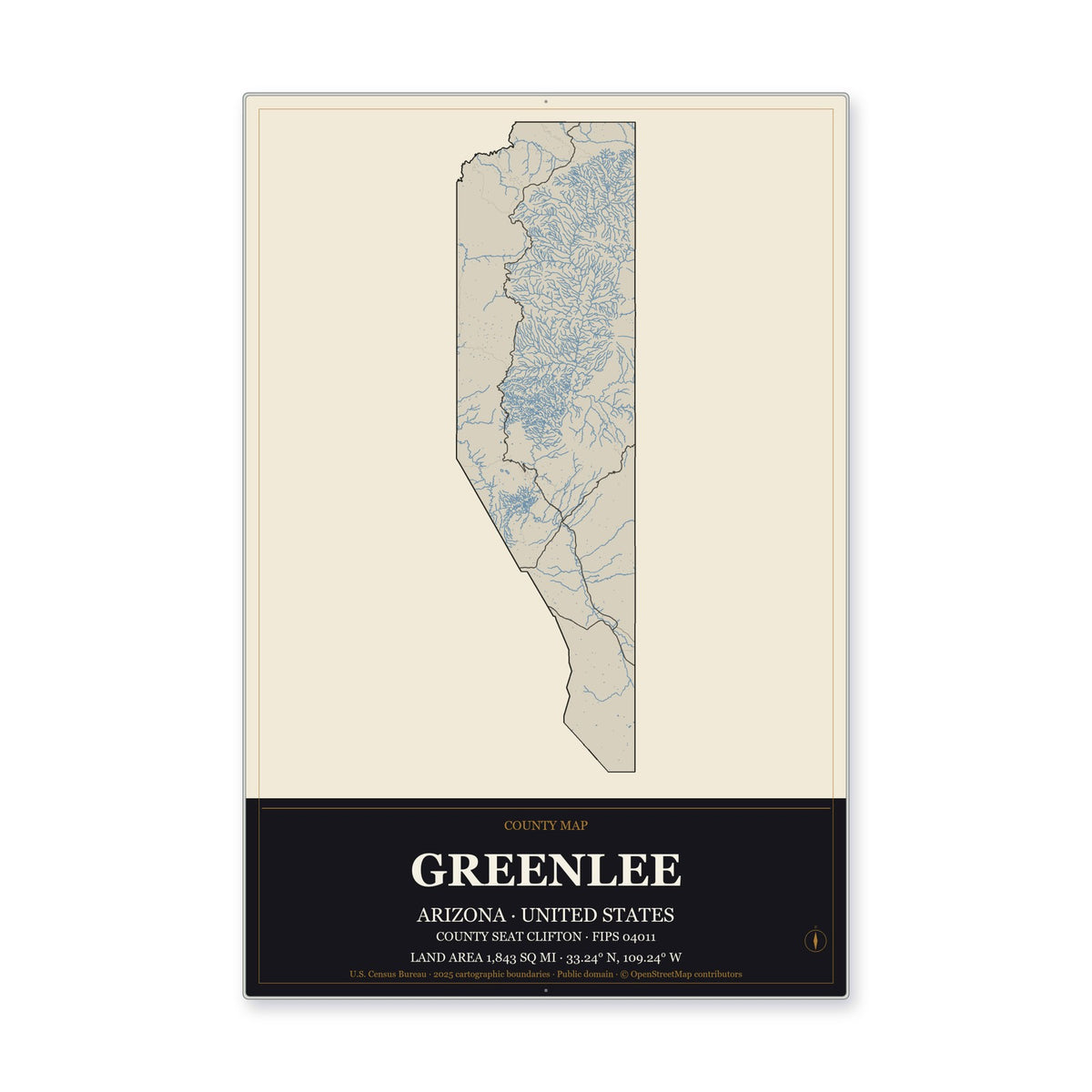 Greenlee County, Arizona Map Aluminum Sign in Museum Plaque style