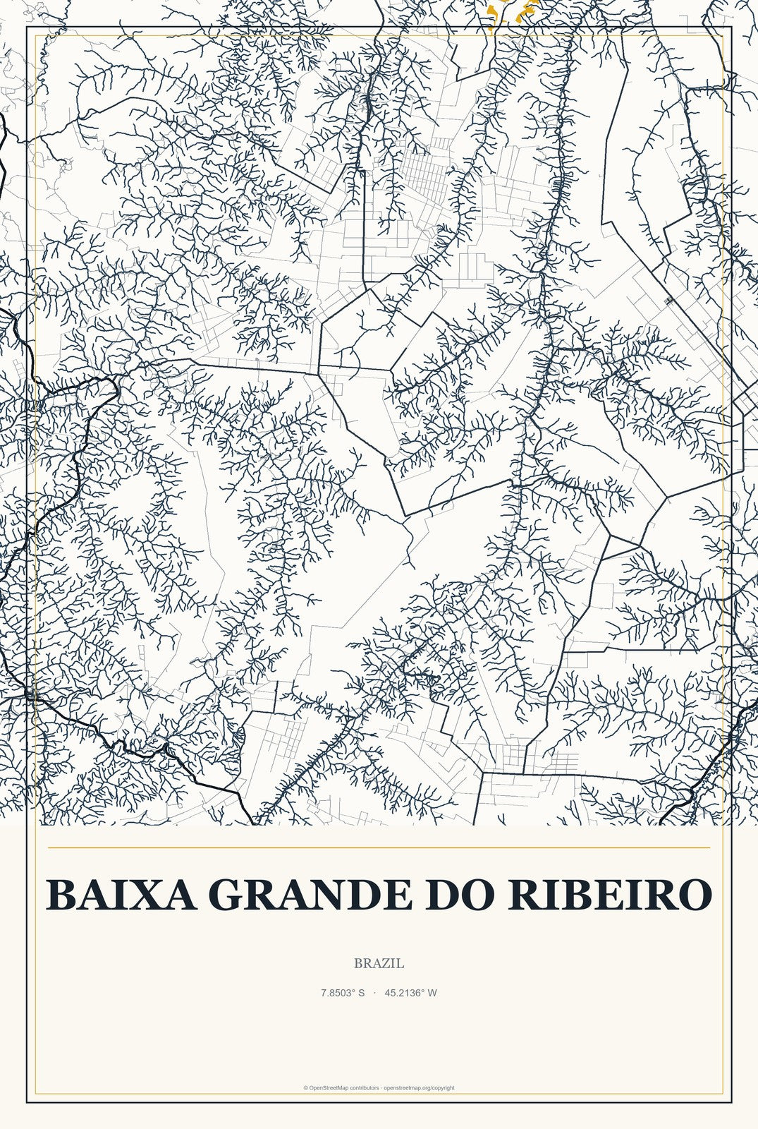 Baixa Grande do Ribeiro, Brazil City Map Aluminum Sign in Citrine Modern style