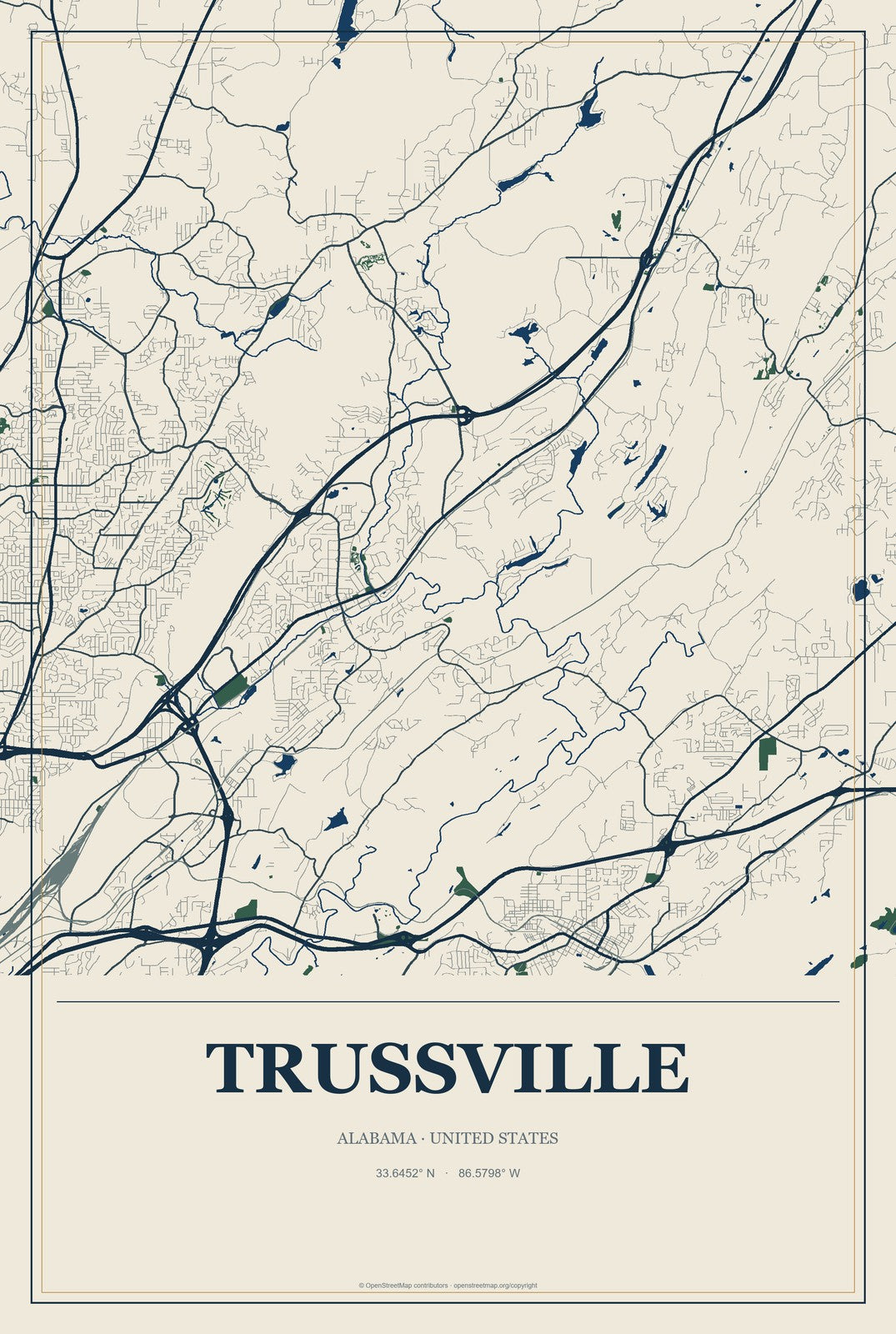 Trussville, Alabama City Map Aluminum Sign in Coastal Cutout style
