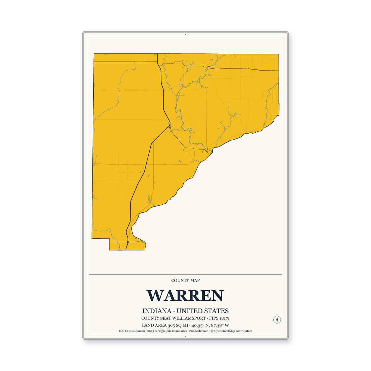 Warren County, Indiana Map Aluminum Sign in Citrine Modern style