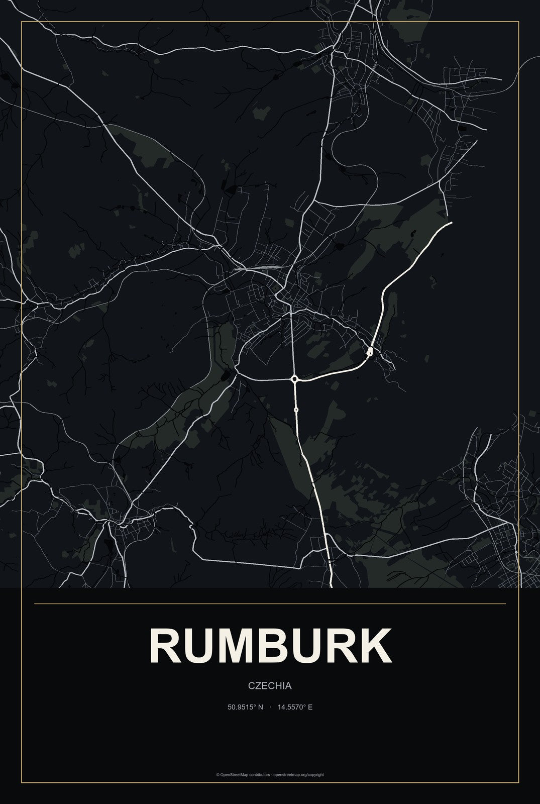 Rumburk, Czechia City Map Aluminum Sign in Metropolitan Noir style