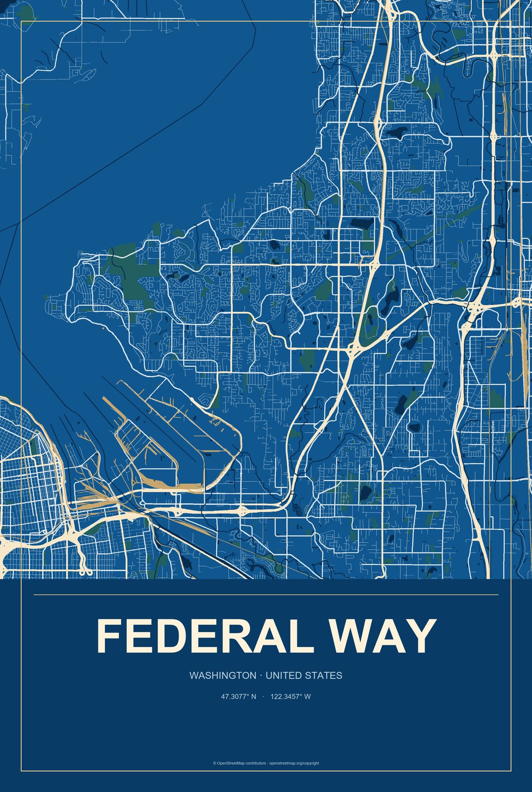 Federal Way, Washington City Map Aluminum Sign in Harbor Cobalt style