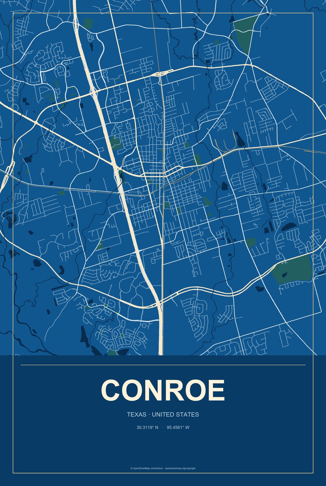 Conroe, Texas City Map Aluminum Sign in Harbor Cobalt style