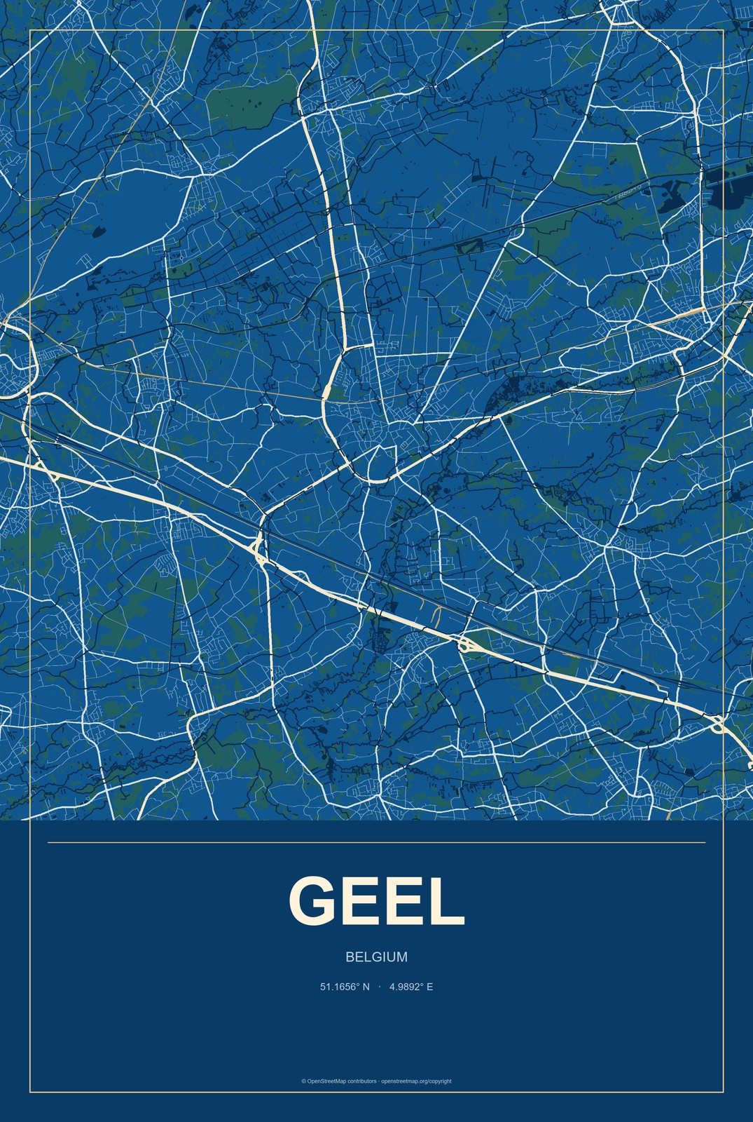 Geel, Belgium City Map Aluminum Sign in Harbor Cobalt style