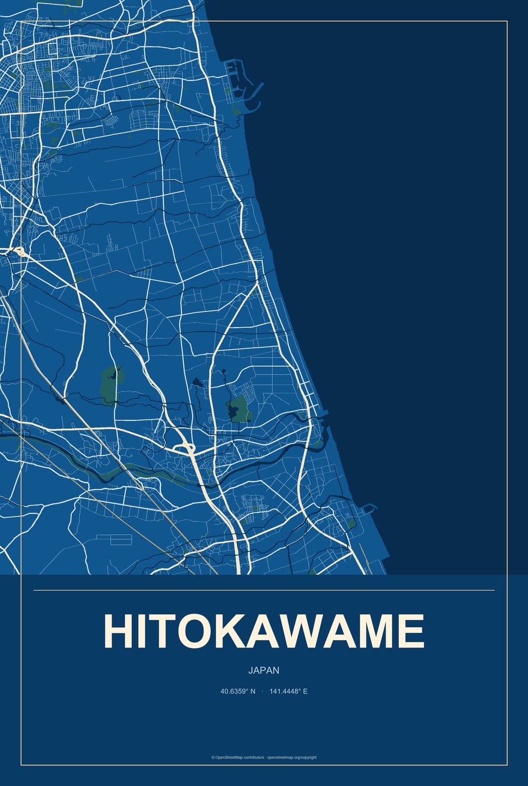 Hitokawame, Japan City Map Aluminum Sign in Harbor Cobalt style