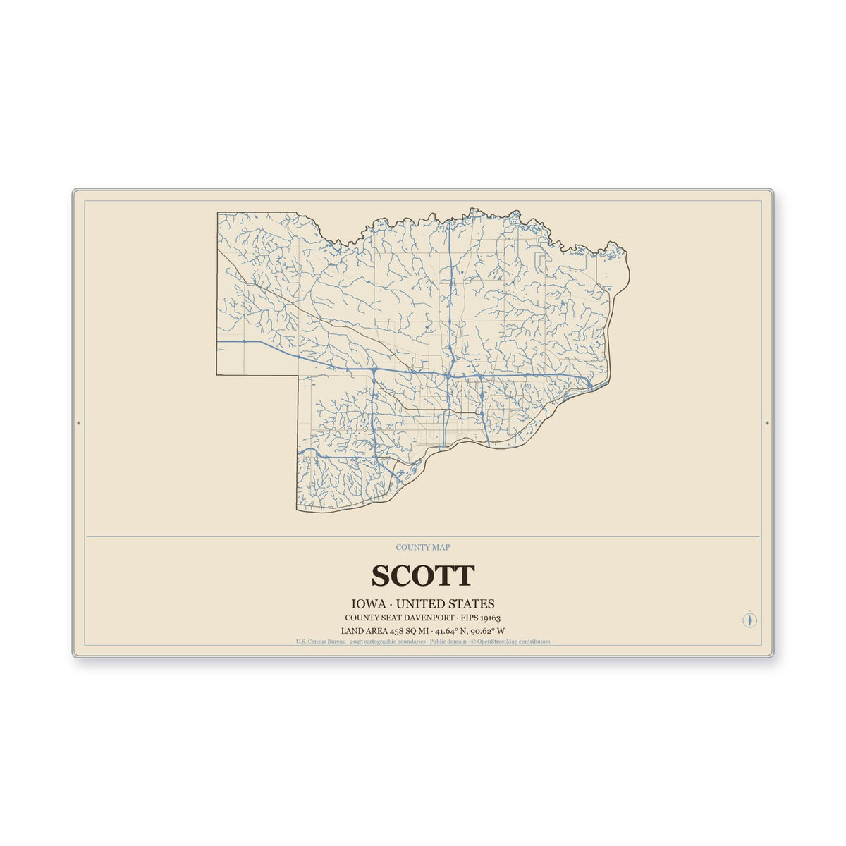 Scott County, Iowa Map Aluminum Sign in Heritage Nautical style