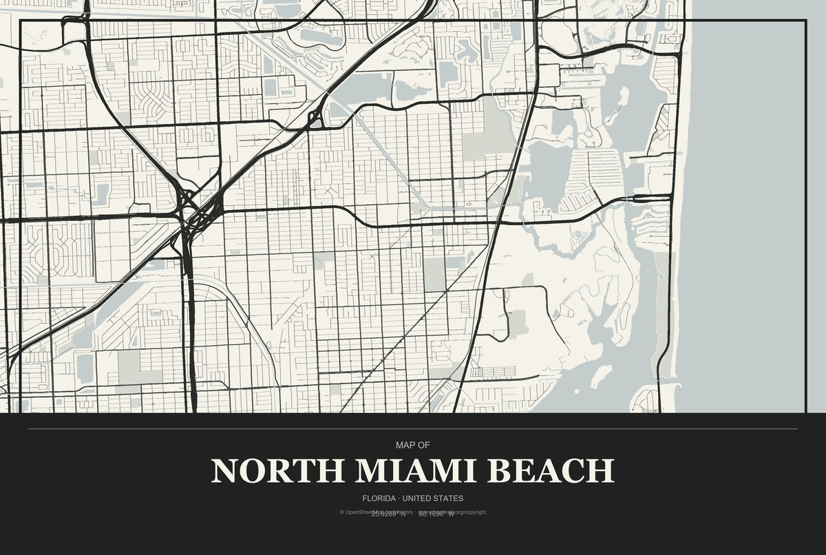 North Miami Beach, Florida City Map Aluminum Sign in Museum Plaque style