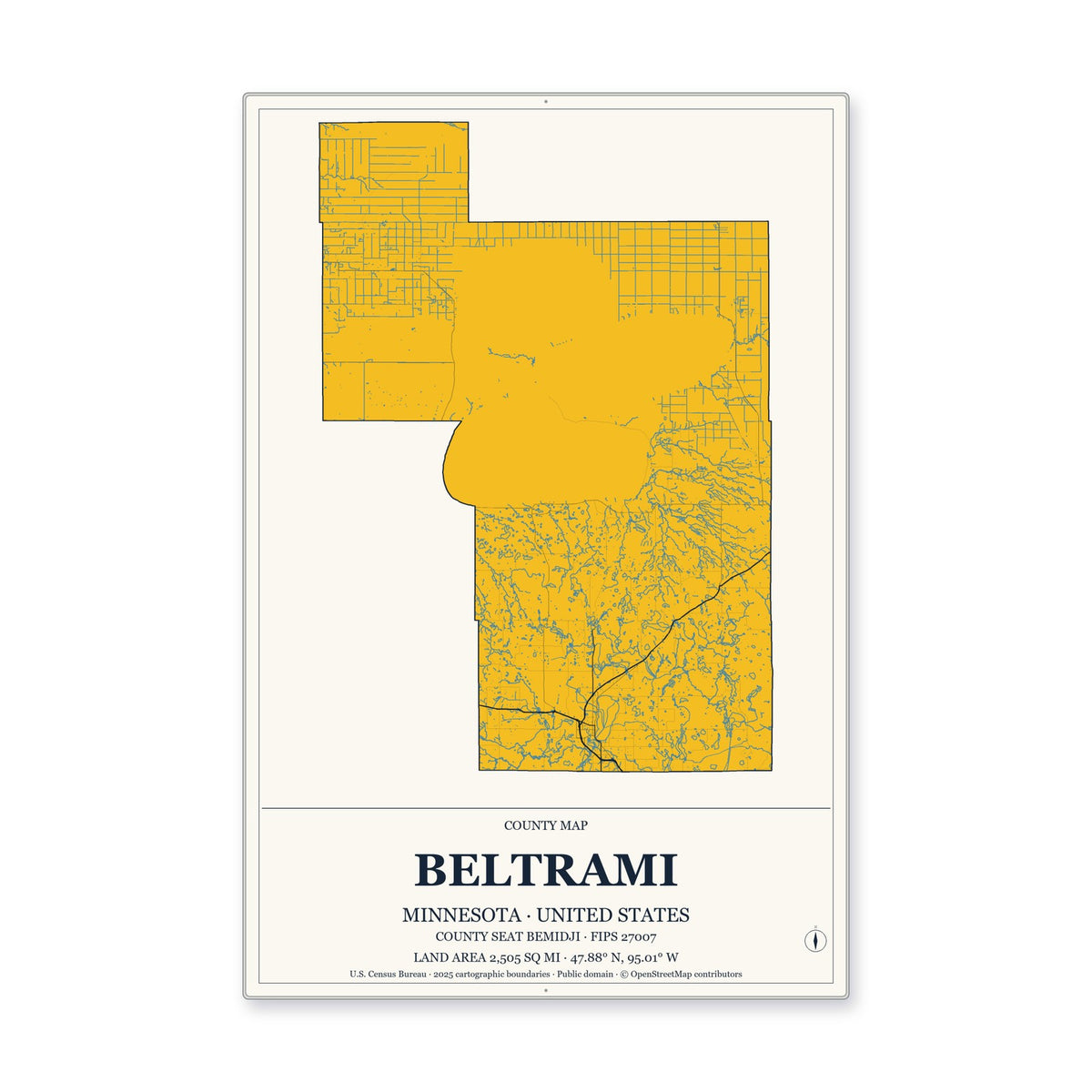 Beltrami County, Minnesota Map Aluminum Sign in Citrine Modern style