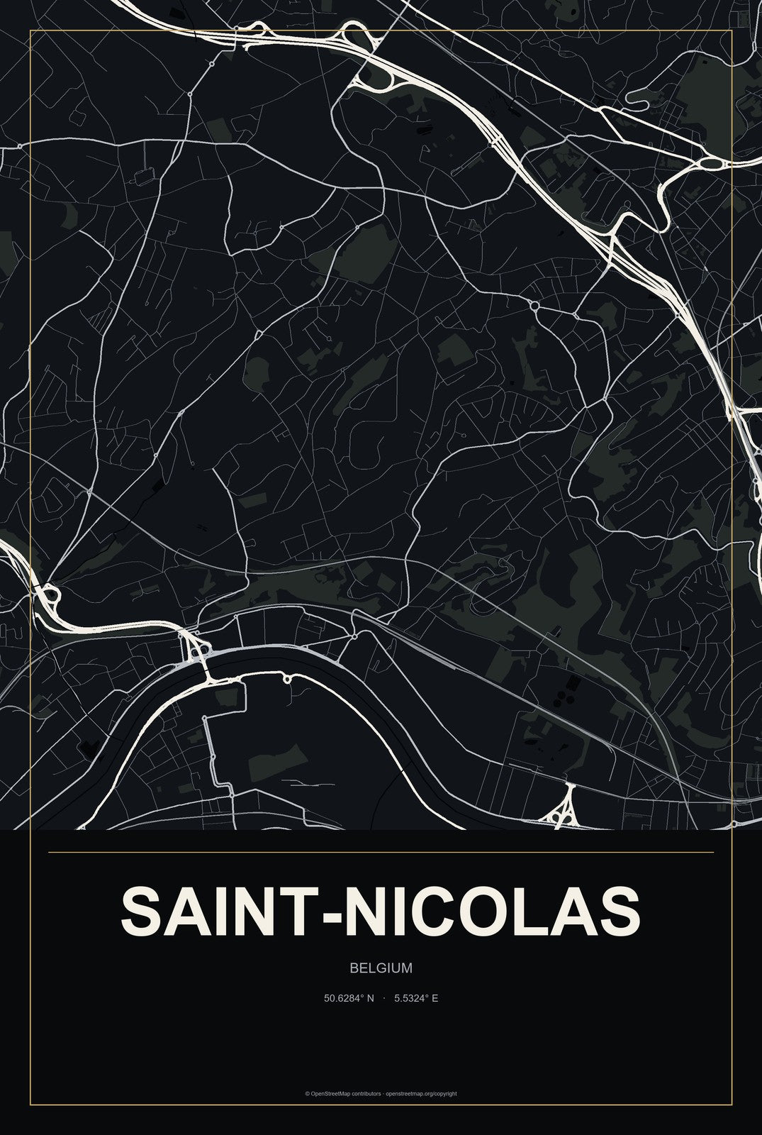 Saint-Nicolas, Belgium City Map Aluminum Sign in Metropolitan Noir style