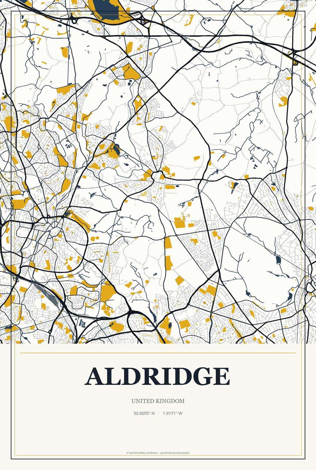 Aldridge, United Kingdom City Map Aluminum Sign in Citrine Modern style
