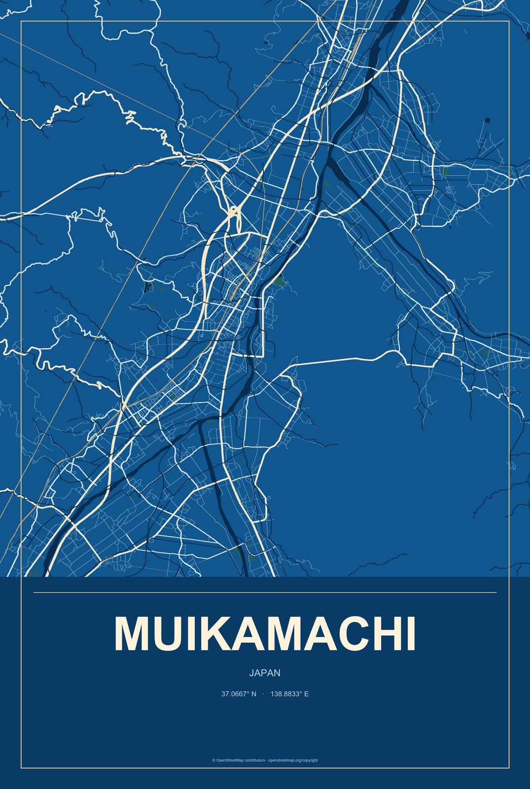 Muikamachi, Japan City Map Aluminum Sign in Harbor Cobalt style