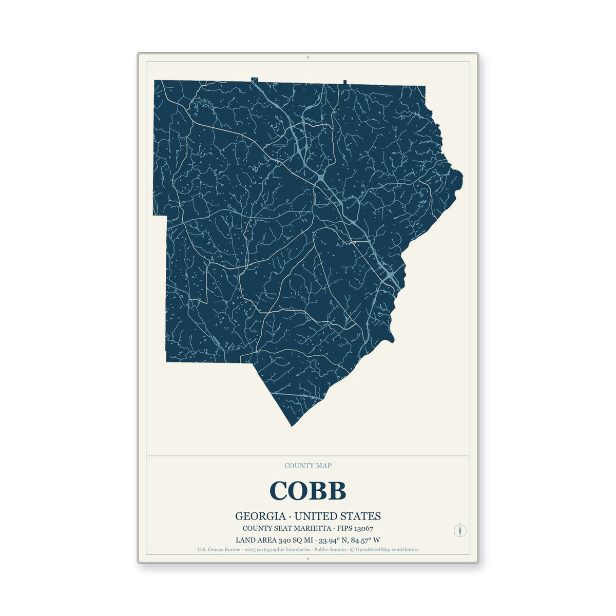 Cobb County, Georgia Map Aluminum Sign in Coastal Cutout style