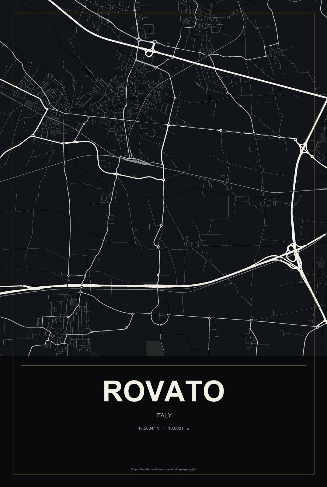 Rovato, Italy City Map Aluminum Sign in Metropolitan Noir style
