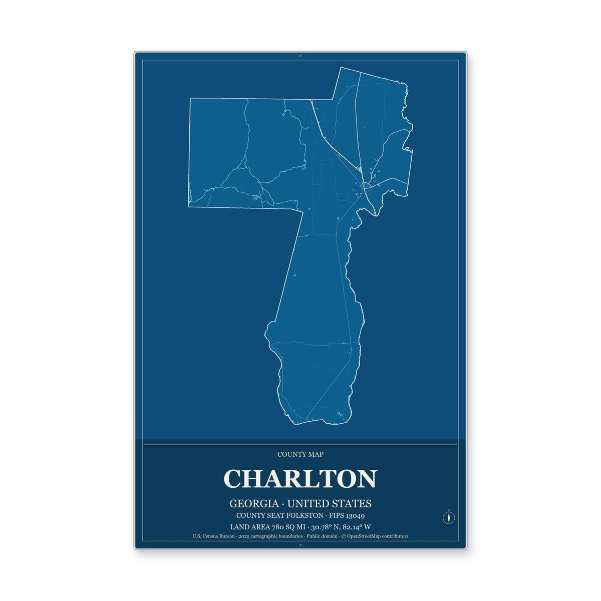 Charlton County, Georgia Map Aluminum Sign in Harbor Cobalt style