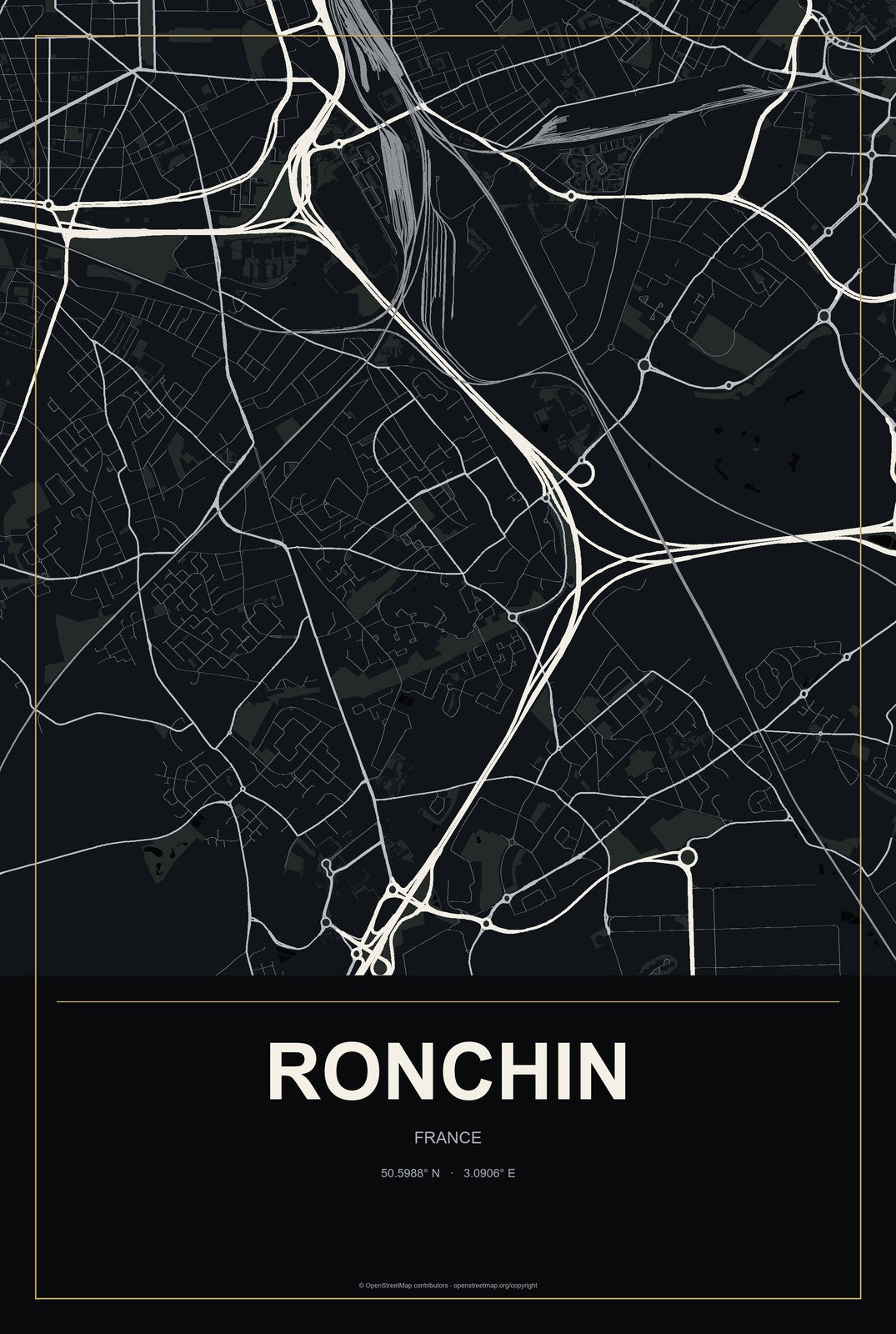 Ronchin, France City Map Aluminum Sign in Metropolitan Noir style