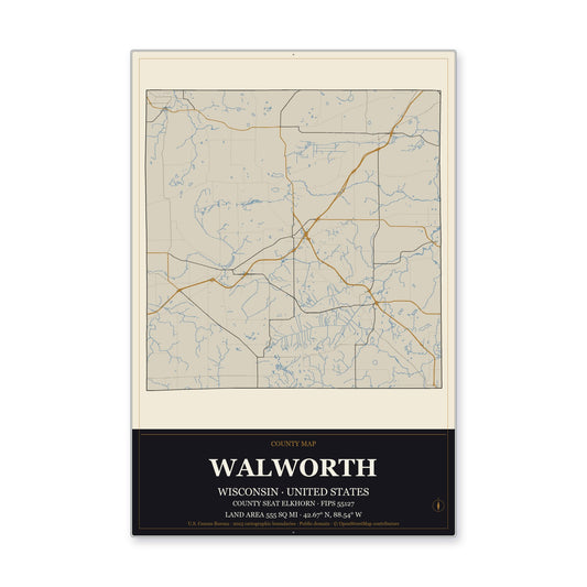 Walworth County, Wisconsin Map Aluminum Sign in Museum Plaque style