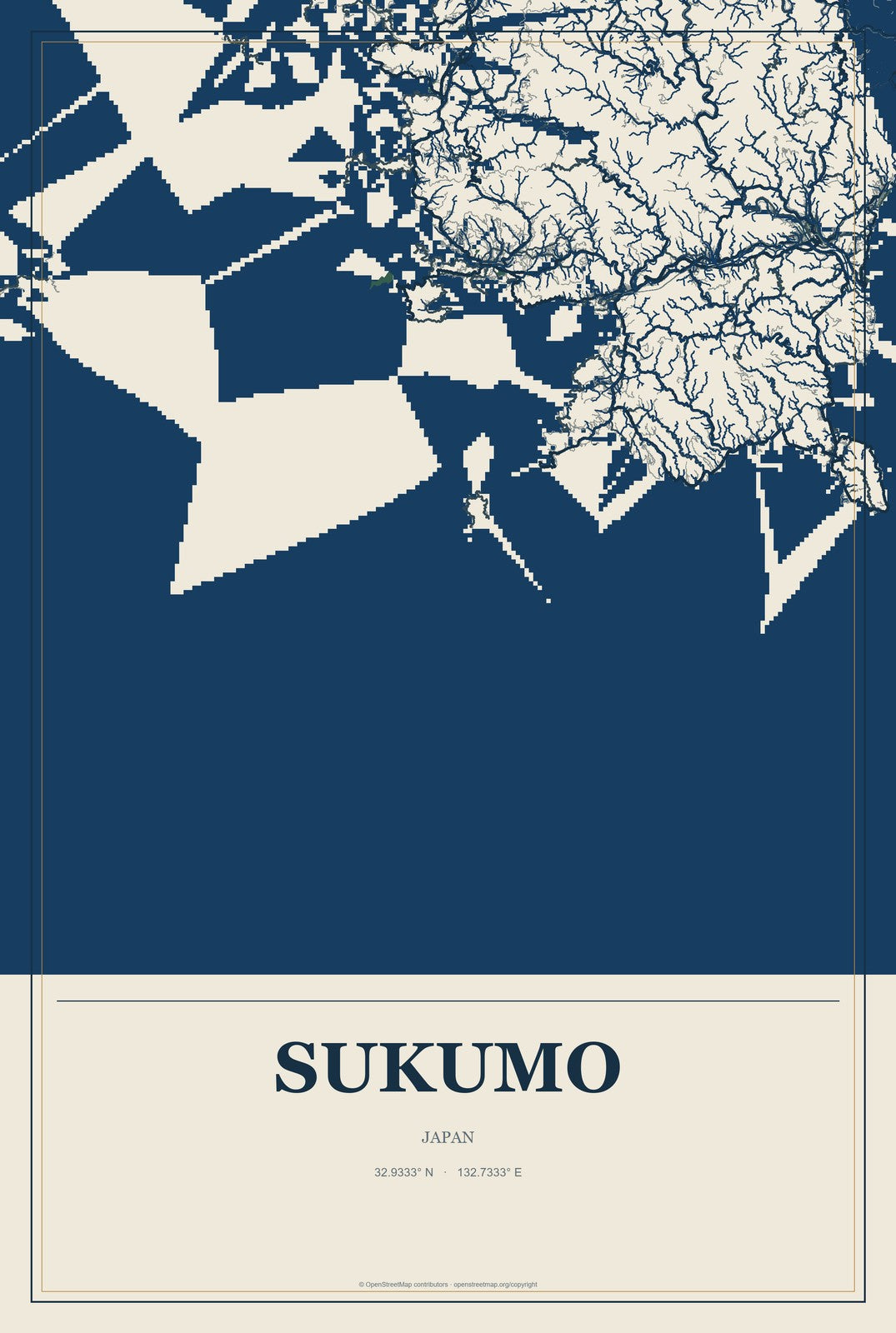 Sukumo, Japan City Map Aluminum Sign in Coastal Cutout style