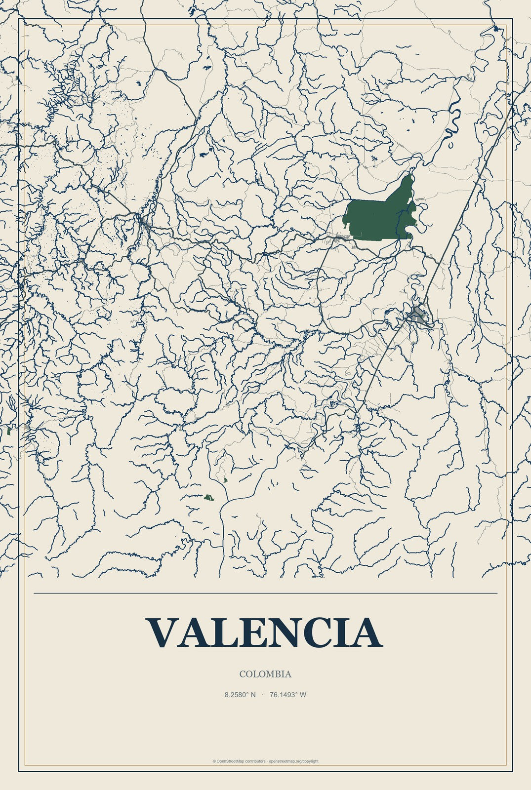 Valencia, Colombia City Map Aluminum Sign in Coastal Cutout style
