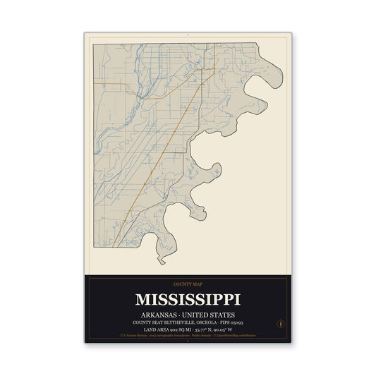 Mississippi County, Arkansas Map Aluminum Sign in Museum Plaque style