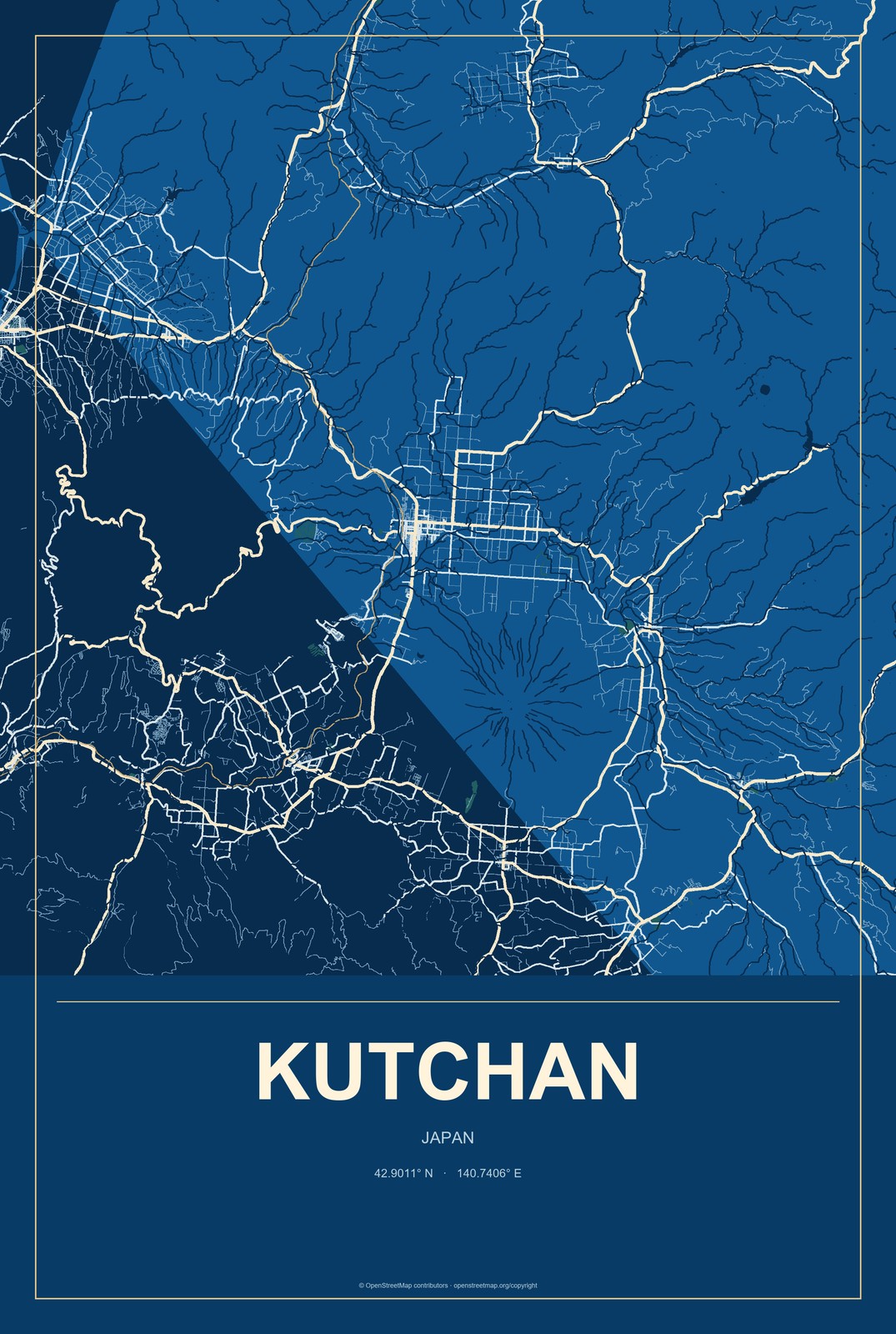 Kutchan, Japan City Map Aluminum Sign in Harbor Cobalt style