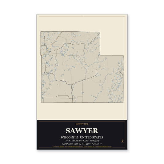 Sawyer County, Wisconsin Map Aluminum Sign in Museum Plaque style