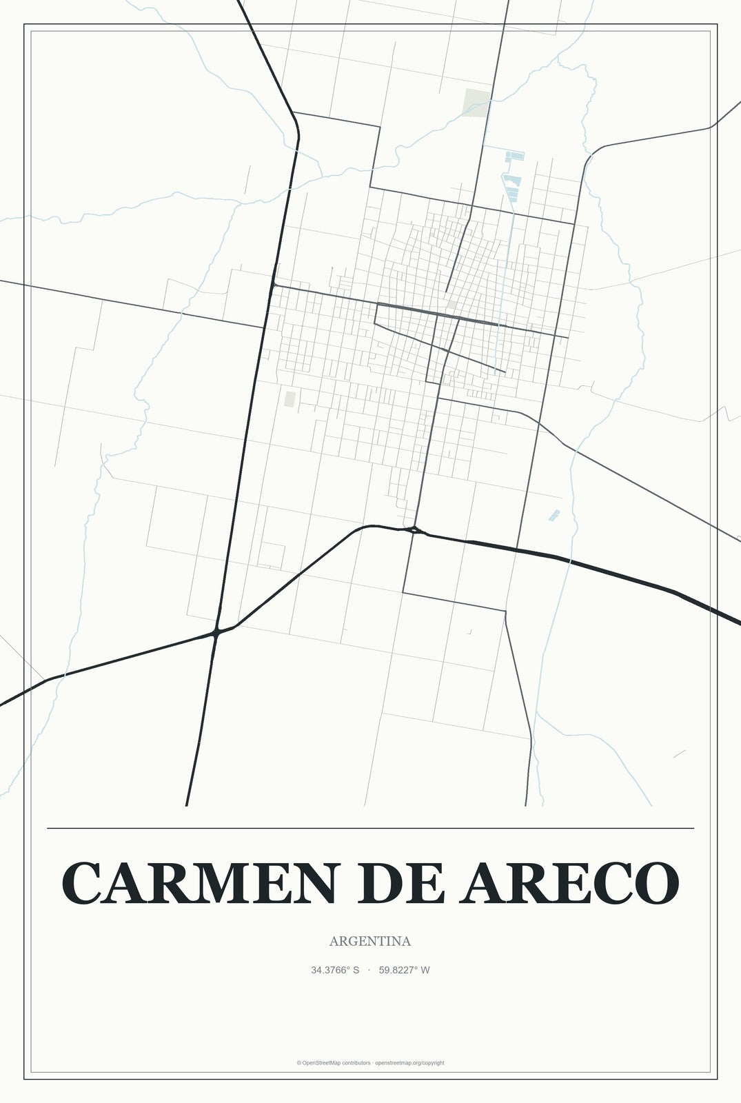 Carmen de Areco, Argentina City Map Aluminum Sign in Gallery Air style