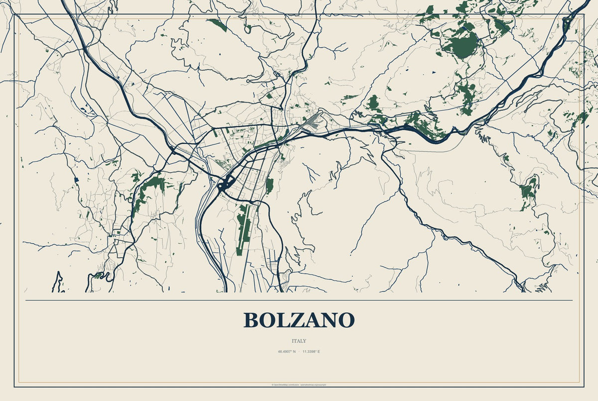 Bolzano, Italy City Map Aluminum Sign in Coastal Cutout style