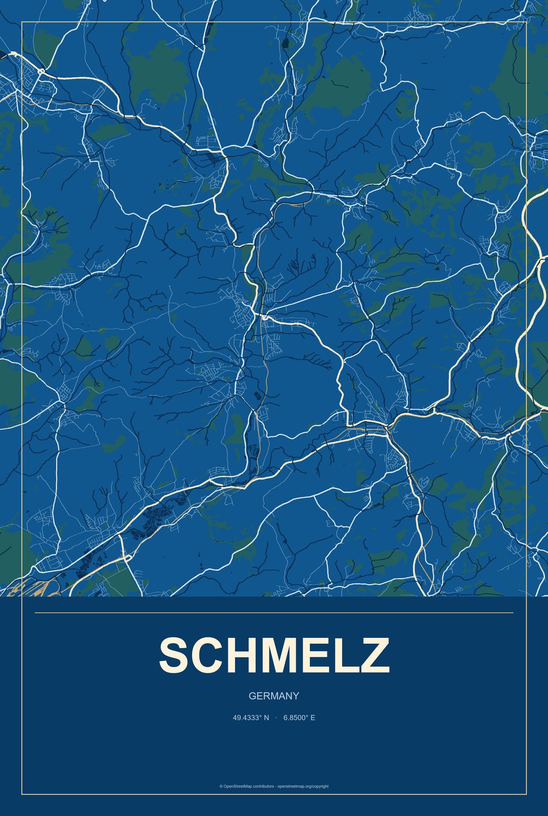 Schmelz, Germany City Map Aluminum Sign in Harbor Cobalt style