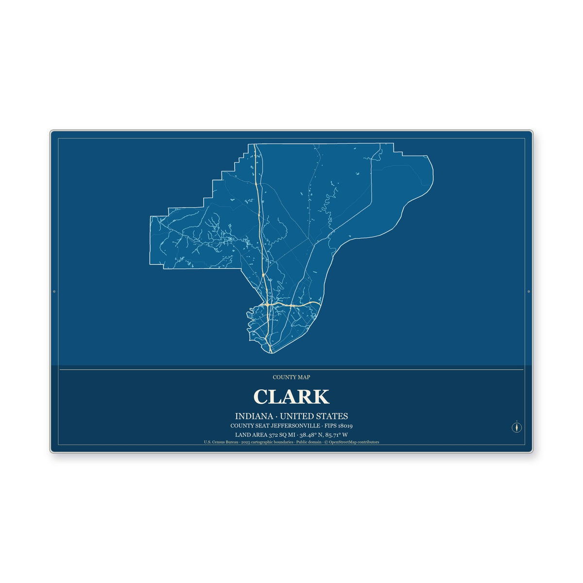 Clark County, Indiana Map Aluminum Sign in Harbor Cobalt style