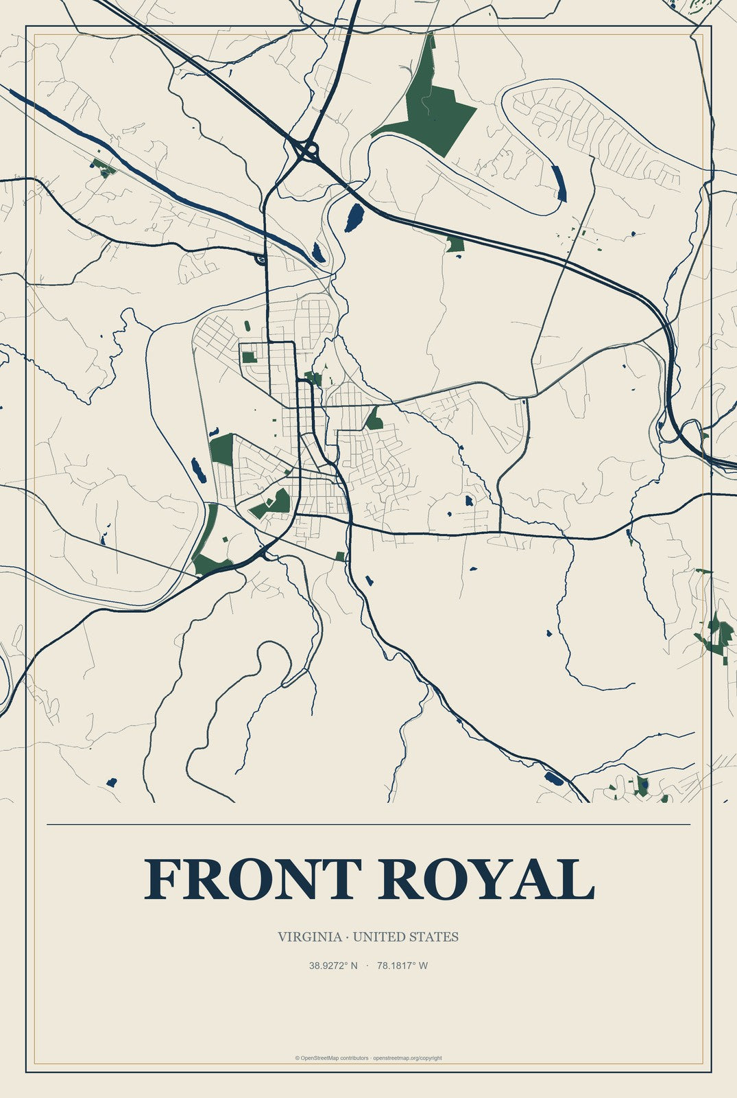 Front Royal, Virginia City Map Aluminum Sign in Coastal Cutout style