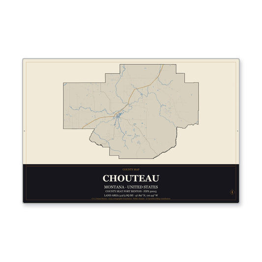 Chouteau County, Montana Map Aluminum Sign in Museum Plaque style