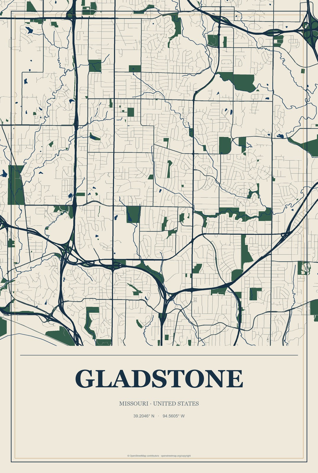 Gladstone, Missouri City Map Aluminum Sign in Coastal Cutout style