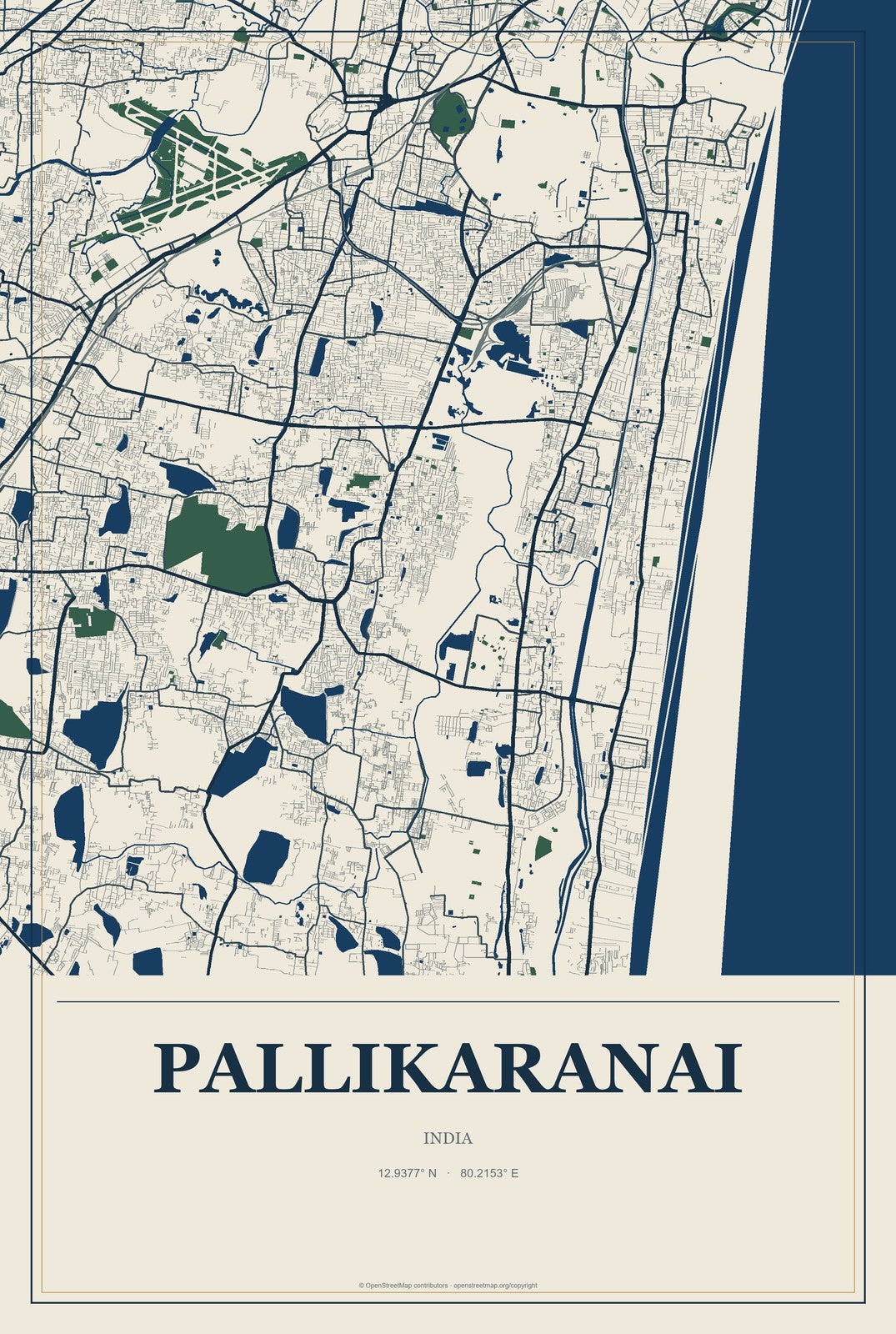 Pallikaranai, India City Map Aluminum Sign in Coastal Cutout style